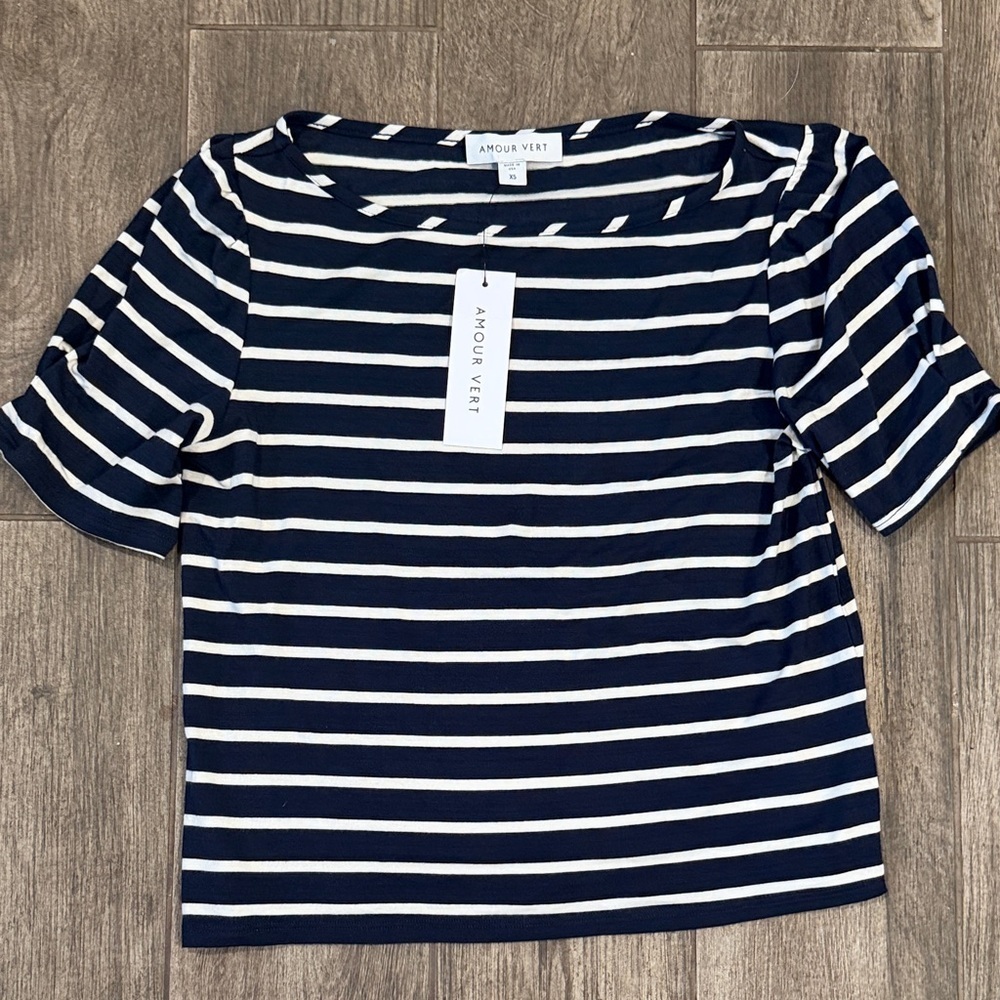 Amour Vert Navy & White Striped Short Sleeve Boatneck Tee